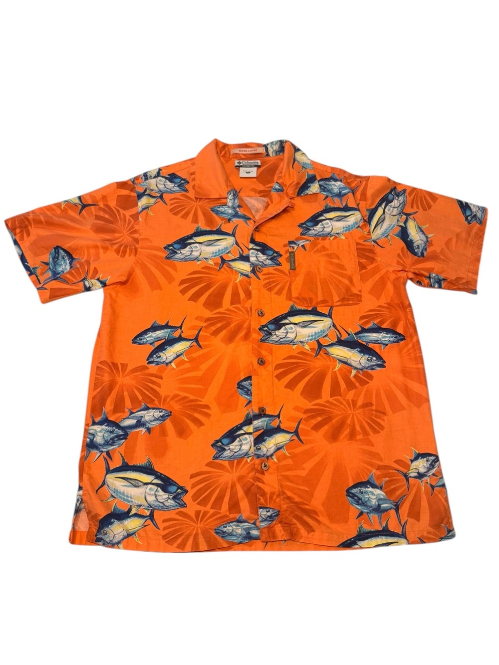 Vintage Columbia River Lodge Men's M Orange/Blue Fish Print Button-Up Cotton